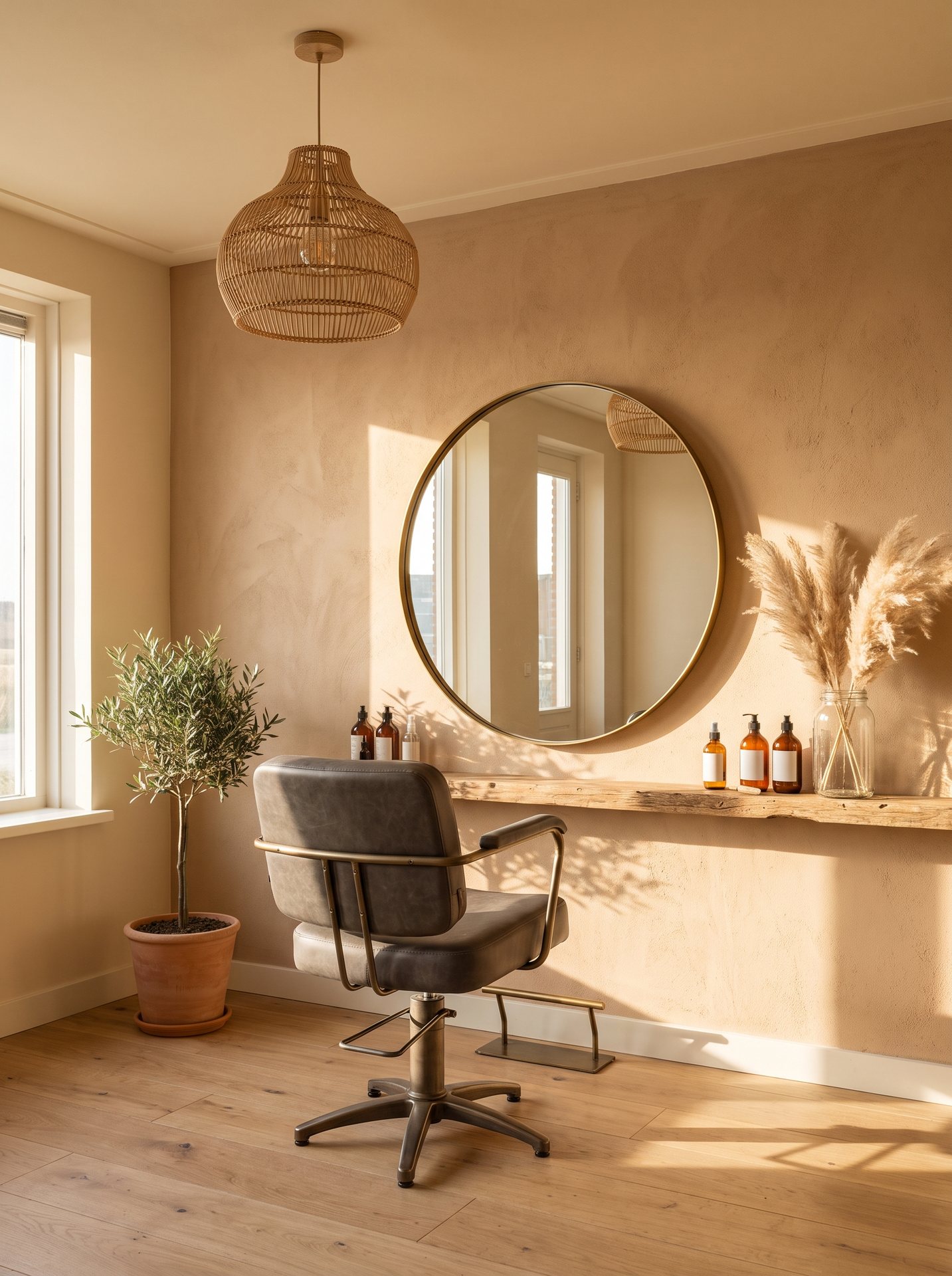Gezellige, kleinschalige kapsalon met een vintage stoel en ronde spiegel met messing lijst